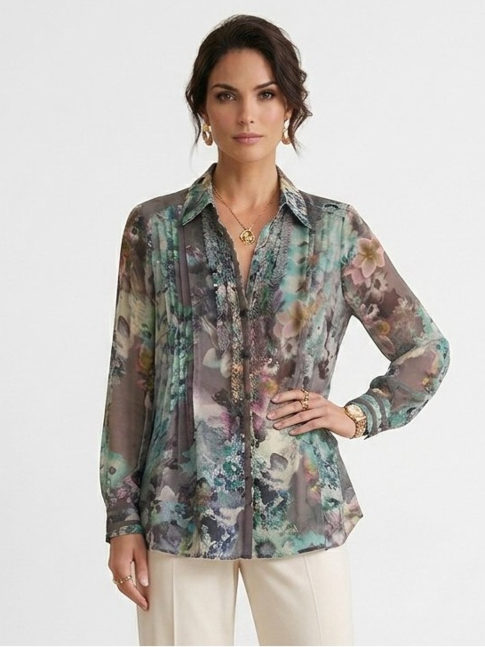 Tricot Chic Italy Luxury Sheer Ruffled Watercolor Floral 100% Silk Blouse US 12